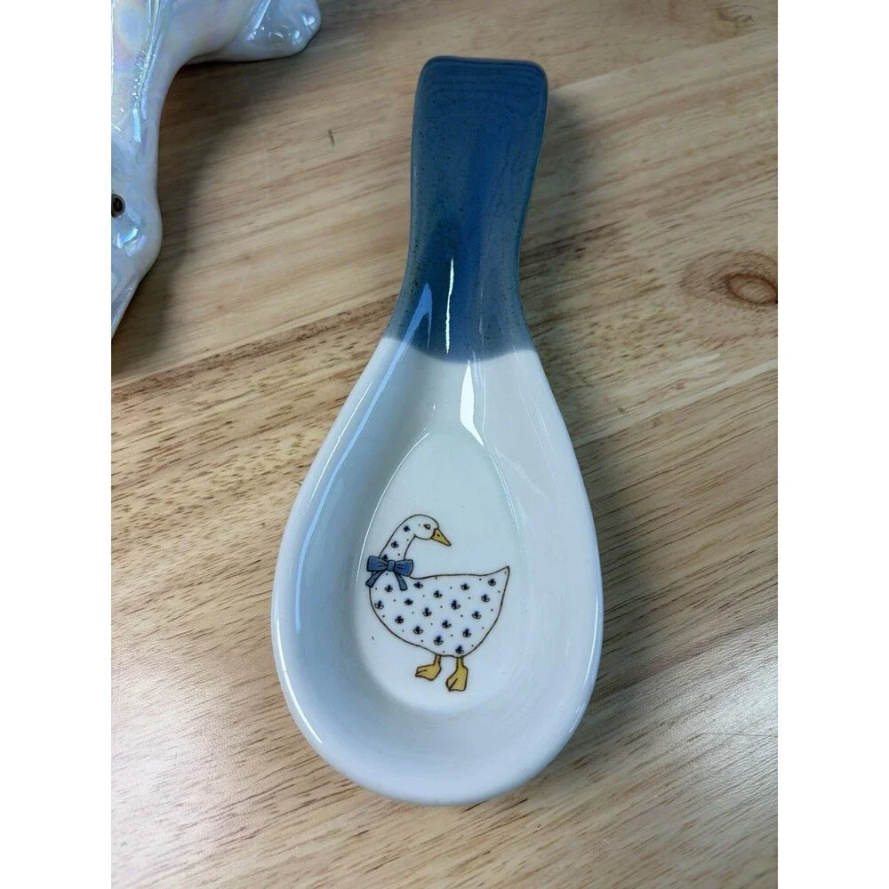 Vintage Goose Lot 4 Pcs Pitcher Spoon Rest Figurines Blue Ribbon Goose Geese